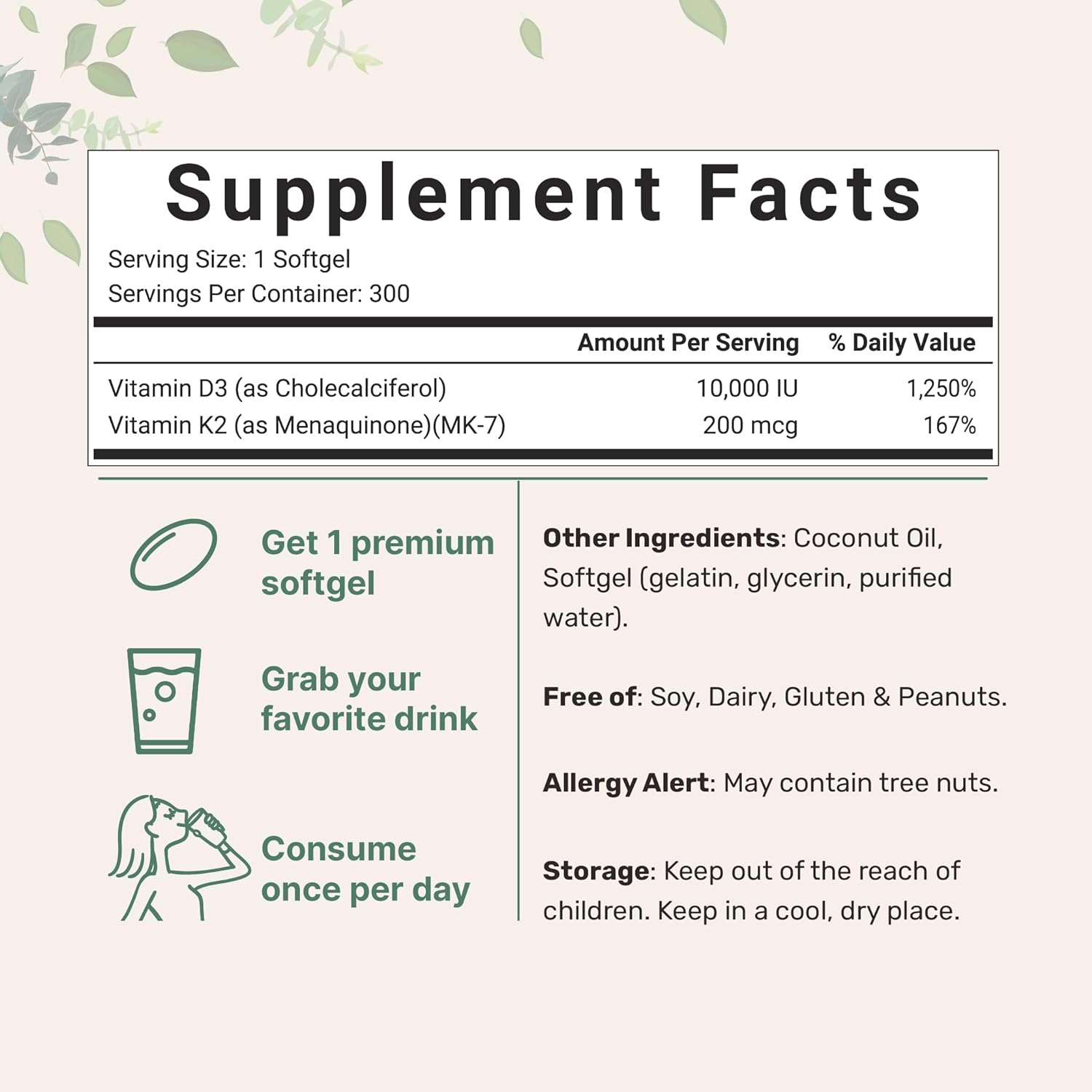 VITAMINA D3 (COLECALCIFEROL) + K2 10000 IU D3 (COLECALCIFEROL) 200 MCG K2 CON ACEITE DE COCO 300 CAPSULAS BLANDAS SIN GMO MICROINGREDIENTS