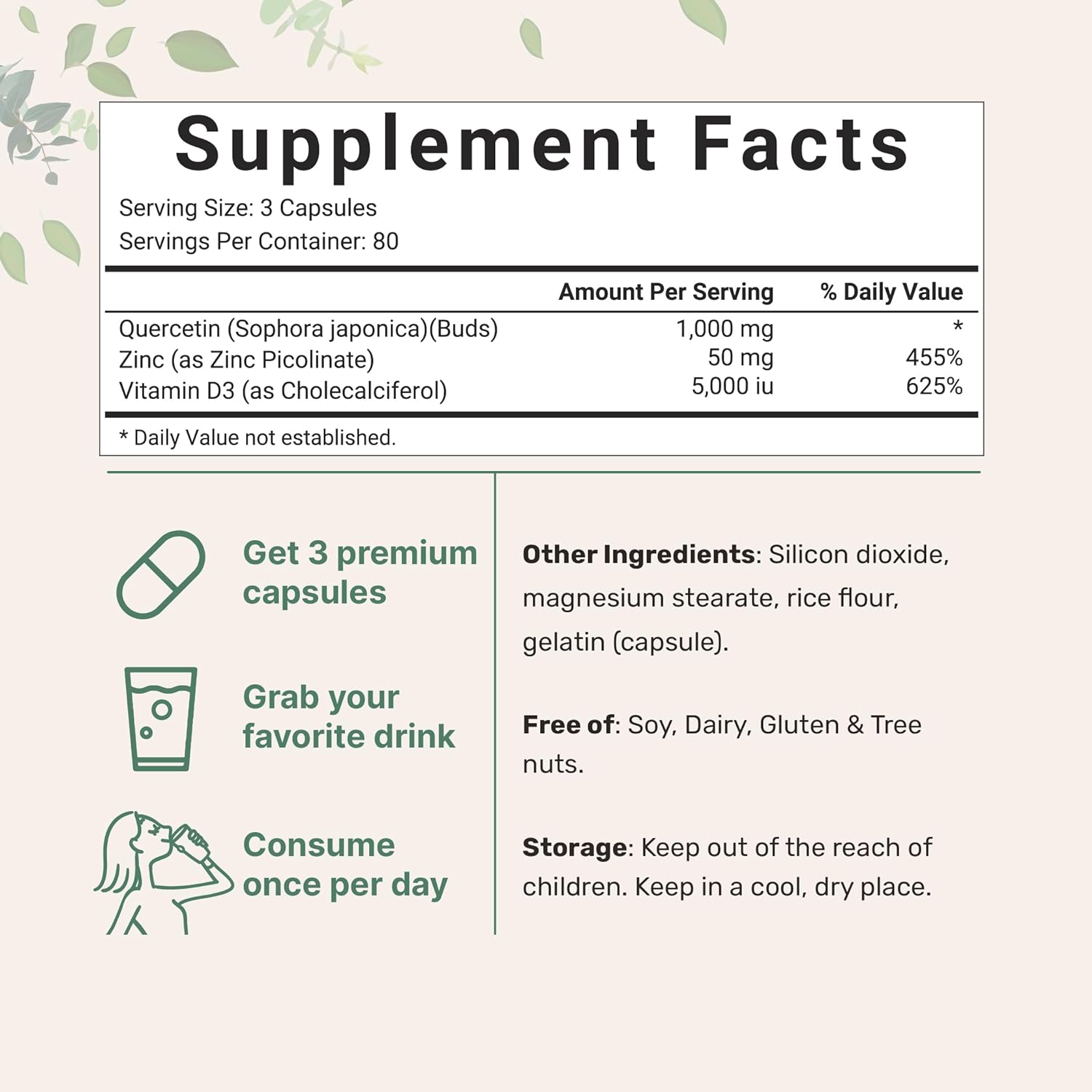 QUERCETINA  1000 MG + VITAMINA D3 (COLECALCIFEROL) 5000 UI + ZINC 50 MG 240 CAPSULAS SIN GMO QUERCETIN MICROINGREDIENTS