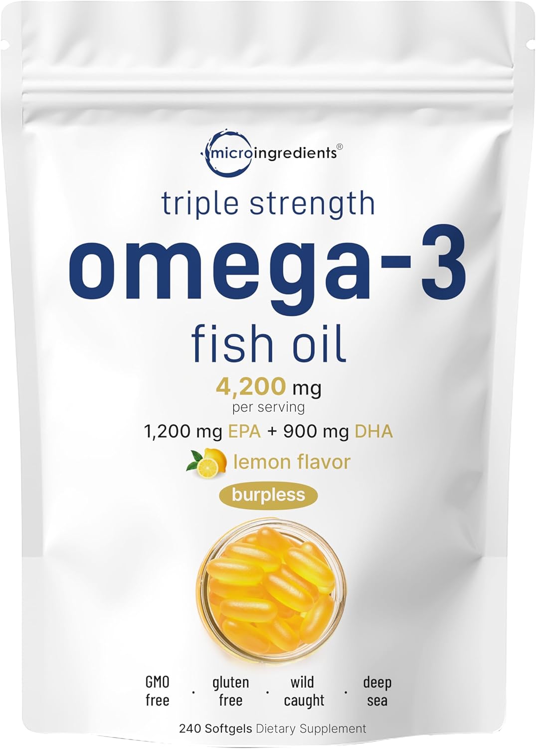 FISH OIL OMEGA 3 4,200 MG EPA 1,200 MG DHA 900 MG MICROINGREDIENTS 240 CAPSULAS BLANDAS NO GMO