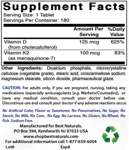 VITAMINA K2 MK7 100 MCG + D3 (COLECALCIFEROL) (COLECALCIFEROL) 5000 UI 180 TABLETAS SIN GMO BEST NATURALS