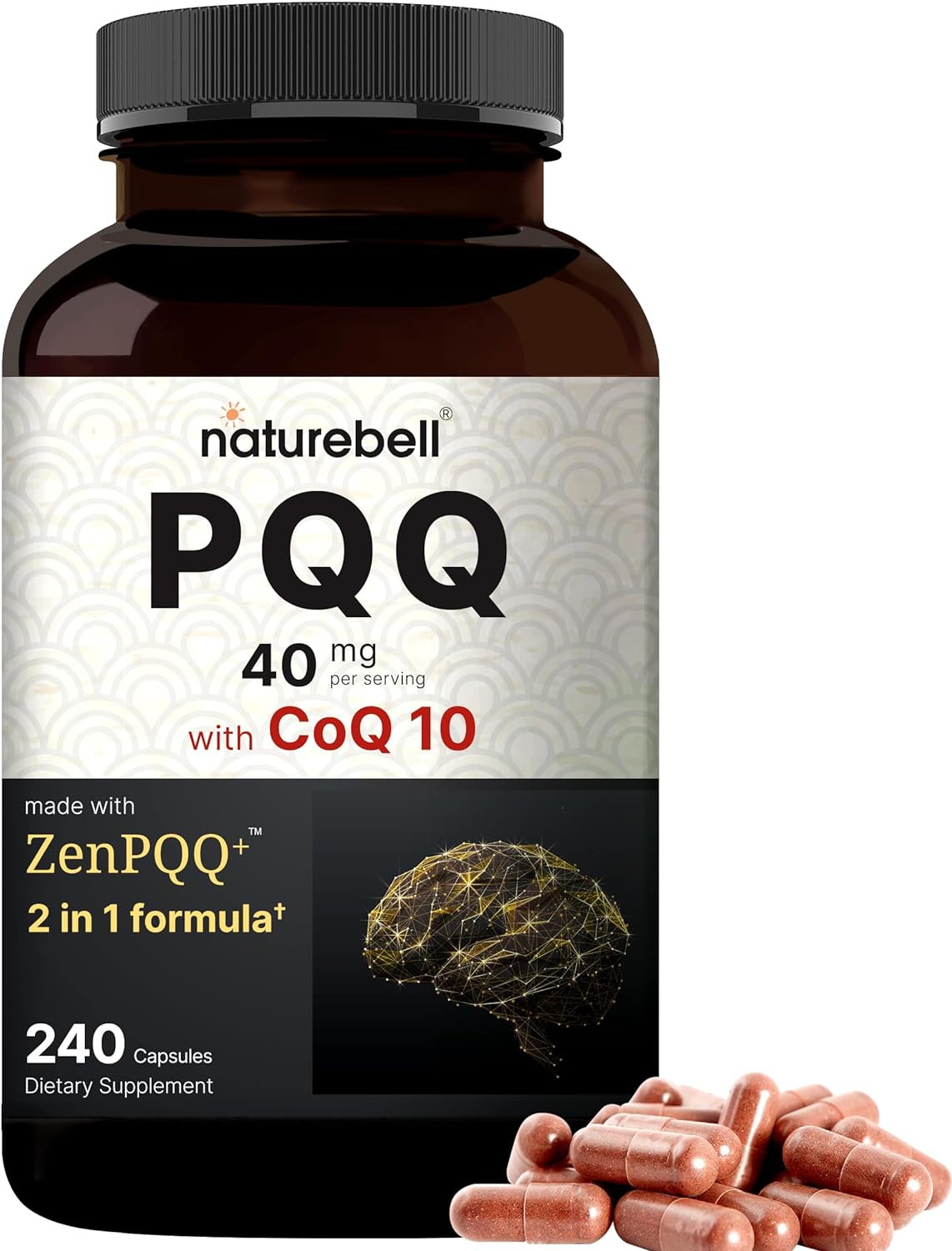 PQQ CON COQ 10 PIRROLOQUINOLINA 40 MG CON COQ 10 10 MG 40 MG 240 CAPSULAS NATUREBELL