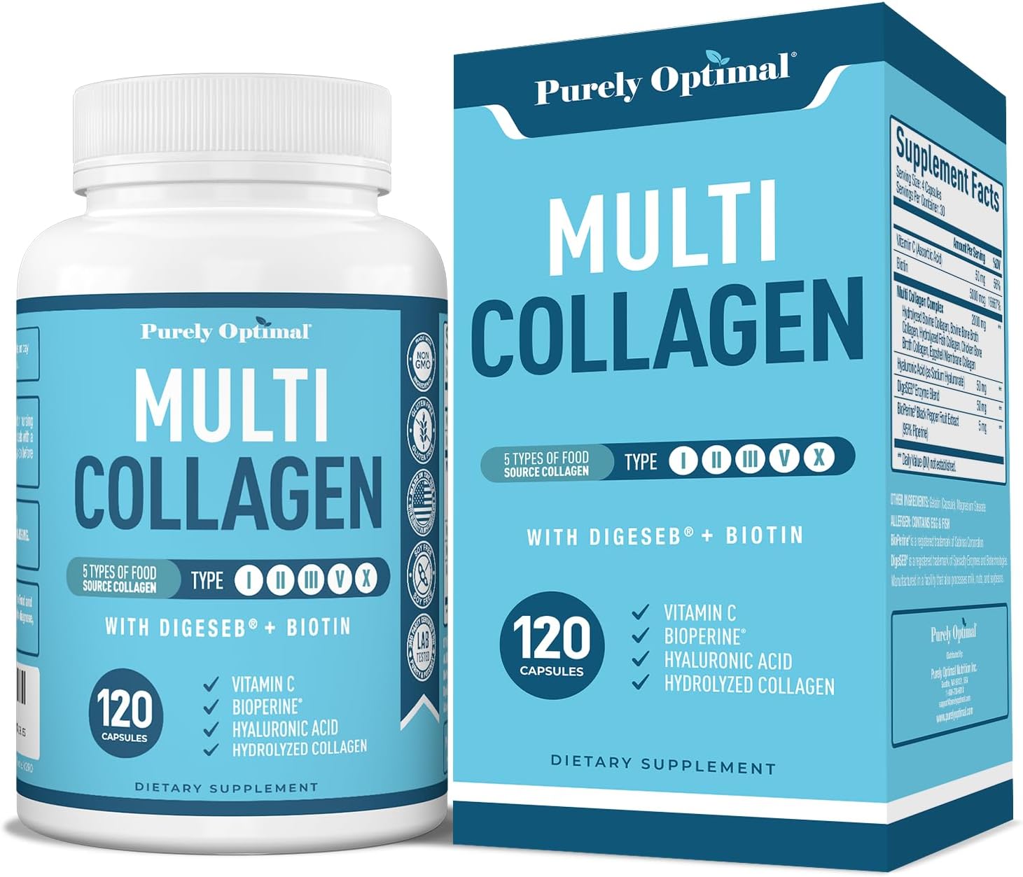 MULTI COLÁGENO 5 TIPOS + BIOTINA  2000 MG  120 CÁPSULAS NO GMO PURELY OPTIMAL