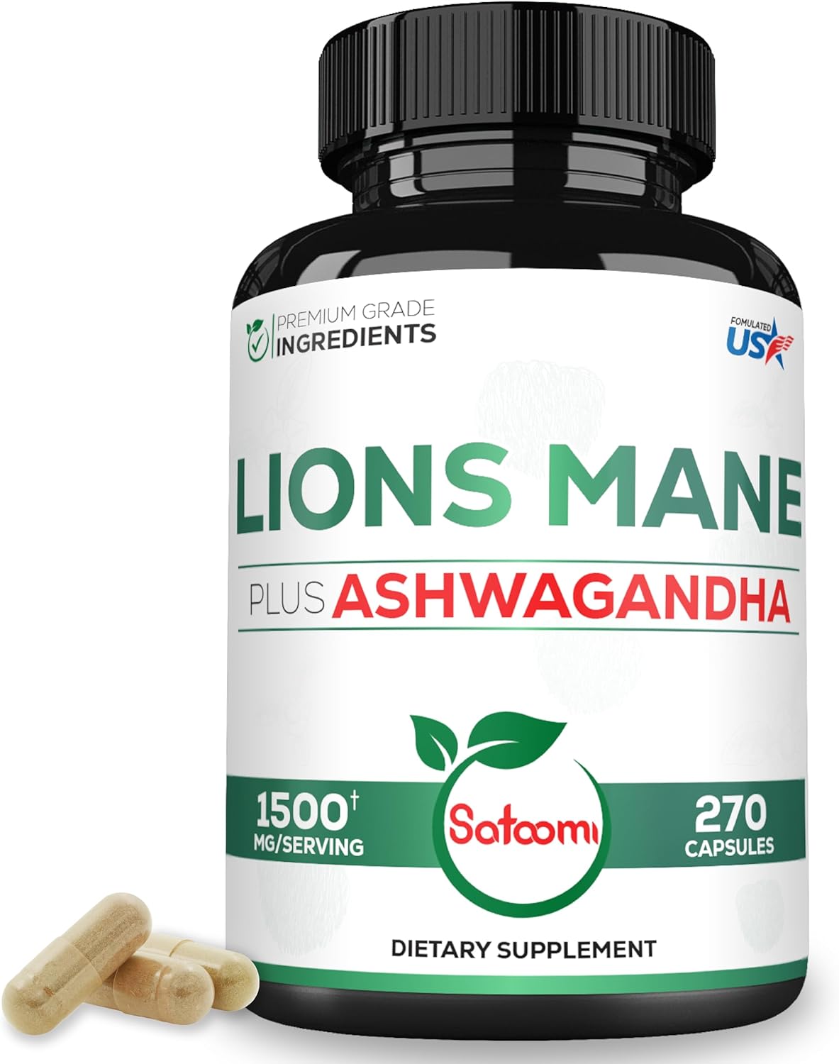 MELENA DE LEON 900 MG CON ASHWAGANDHA 600 MG 270 CAPSULAS SIN GMO SATOOMI LION'S MANE