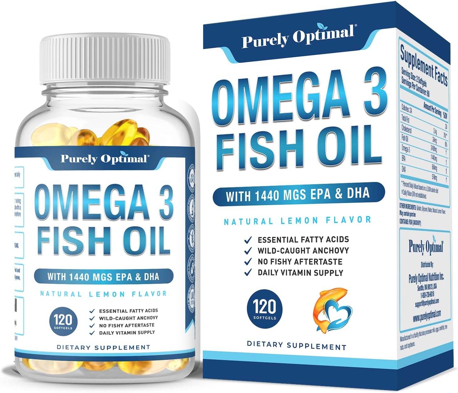 OMEGA 3 FISH OIL 3840 MG CON EPA Y DHA  120 CÁPSULAS BLANDAS NO GMO  PURELY OPTIMAL