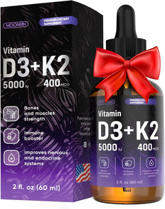 VITAMINA D3 K2 + OMEGA 3 5000IU 400 MCG 60 ML GOTAS SIN GMO VEGANO MOONRIN