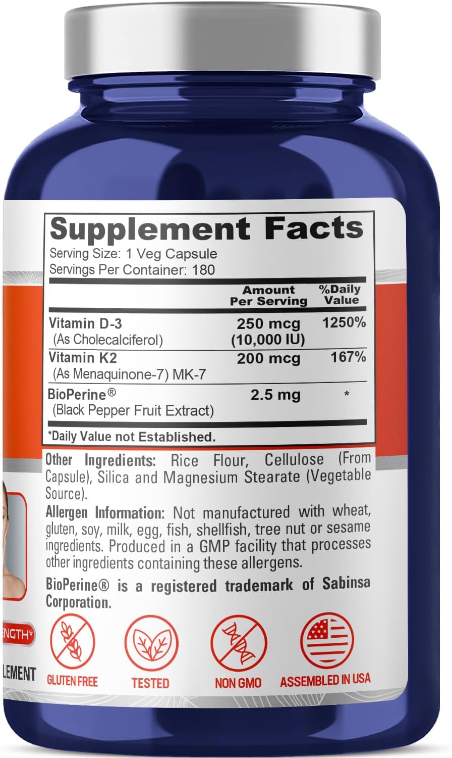 VITAMINA D3 (COLECALCIFEROL) NUSAPURE 10,000 IU K2 200 MCG 180 CÁPSULAS SIN GMO VEGANO