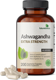 ASHWAGANDHA 3,000 MG + EXTRACTO DE PIMIENTA NEGRA 5 MG 200 CAPSULAS VEGANO FUTUREBIOTICS