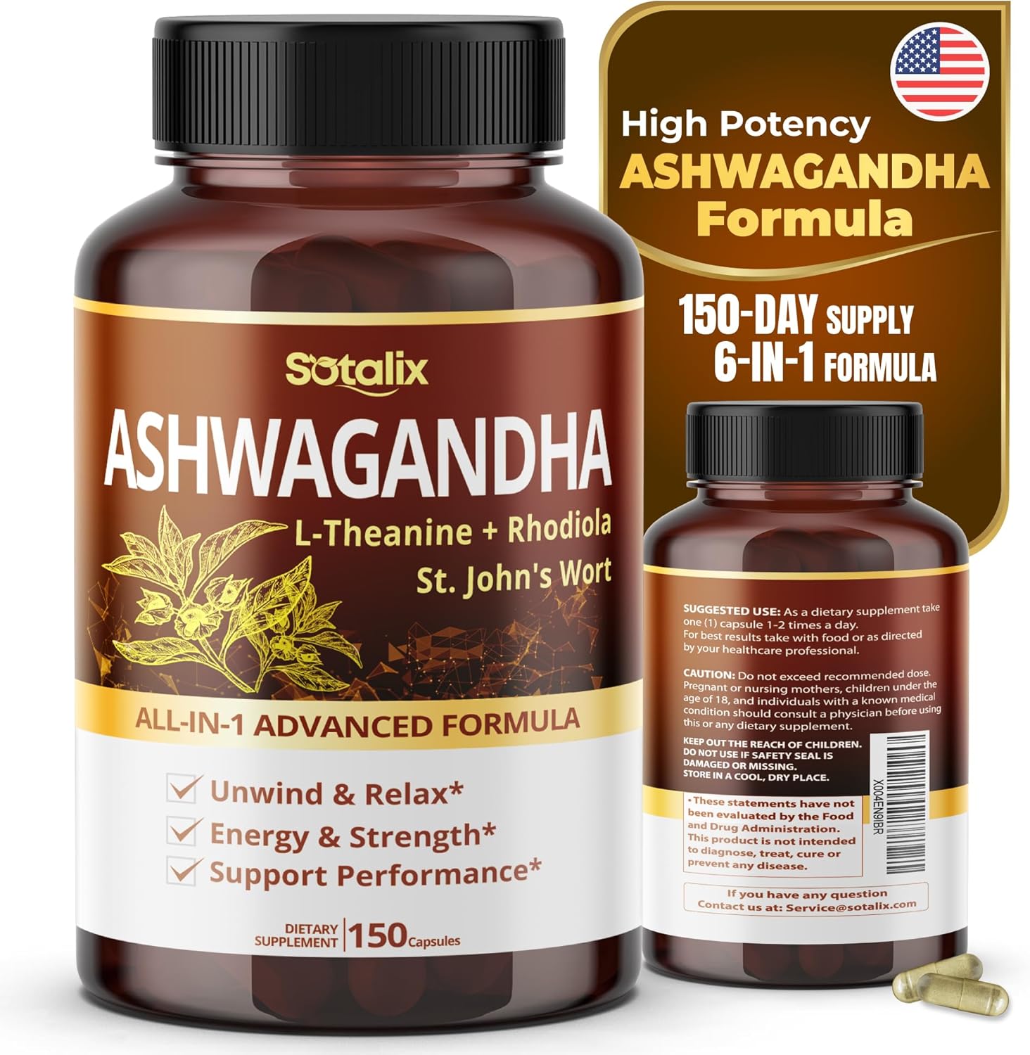 ASHWAGANDHA CON L-TEANINA, RODIOLA SOTALIX 150 CAPSULAS VEGANO NO GMO