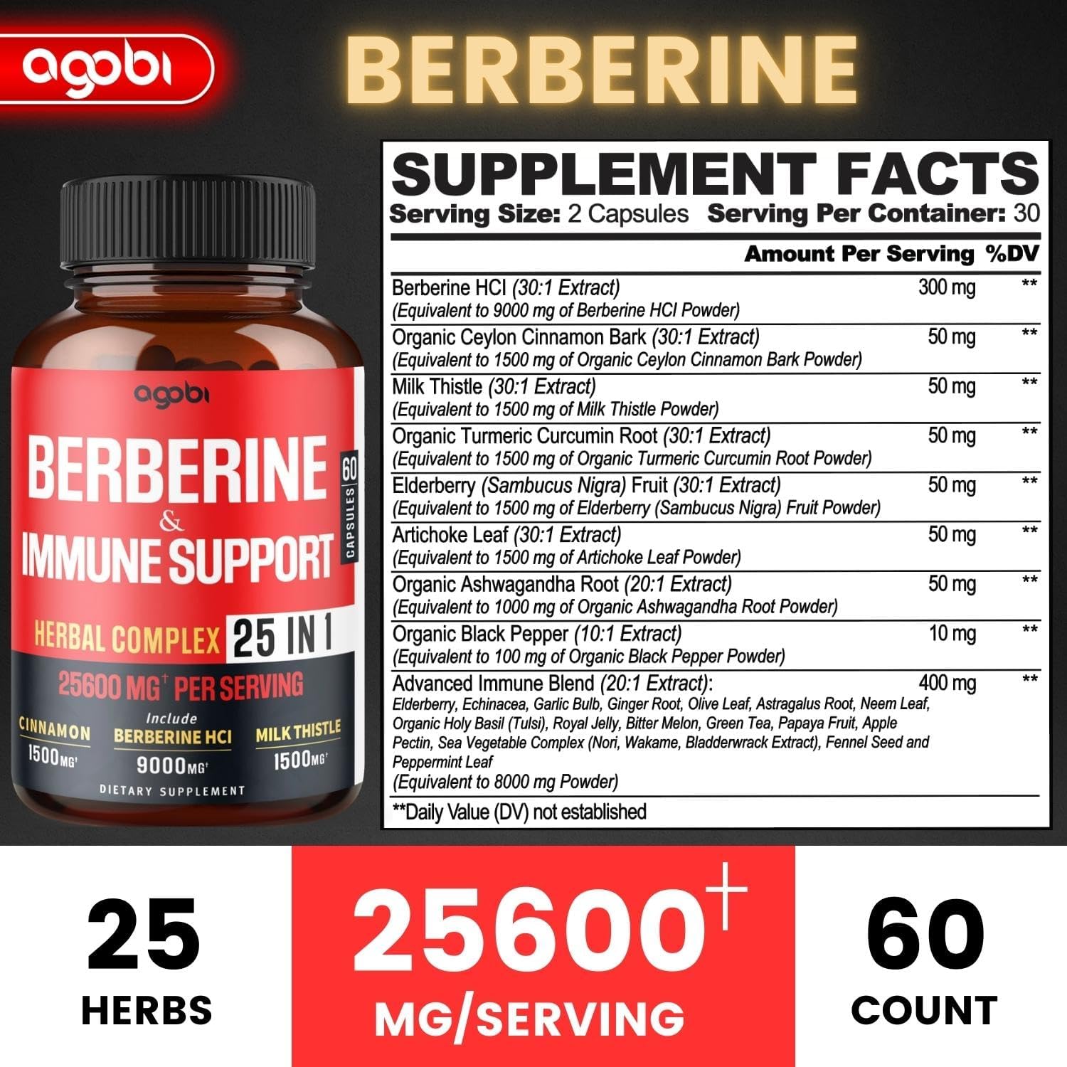 BERBERINA COMPEX 25 EN 1 CON MILK THISTLE 1500 MG Y CANELA DE CEILAN 1500 MG  60 CAPSULAS SIN GMO AGOBI