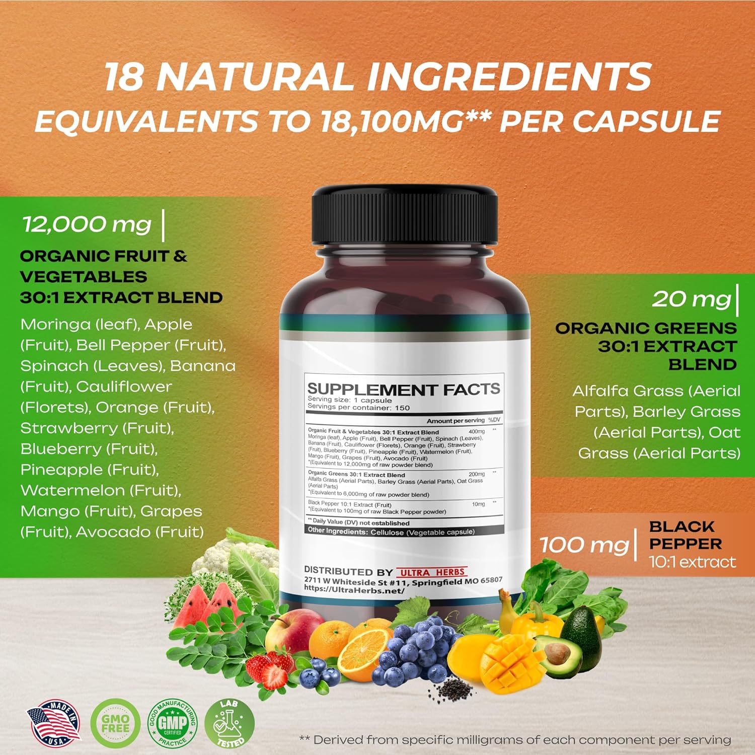 ALIMENTOS SUPERVERDES ULTRA HIERBAS 18,100 MG 150 CAPSULAS SUPER GREENS FOOD ULTRA HERBS