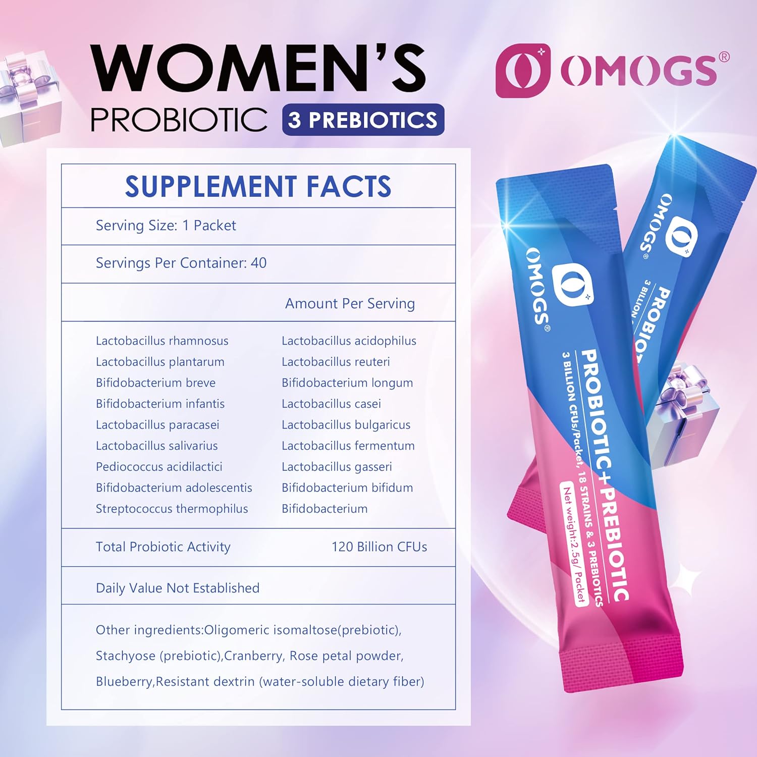 PROBIOTICOS PARA MUJER COMPLEX  120 BILLONES CFU 20 CEPAS 40 PAQUETES OMOGS