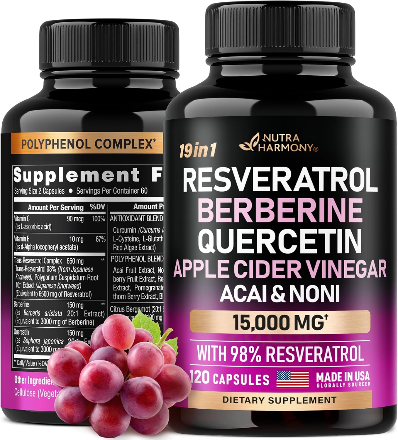 RESVERATROL COMPLEJO 1,365 MG 120 CAPSULAS NO GMO NUTRA HARMONY