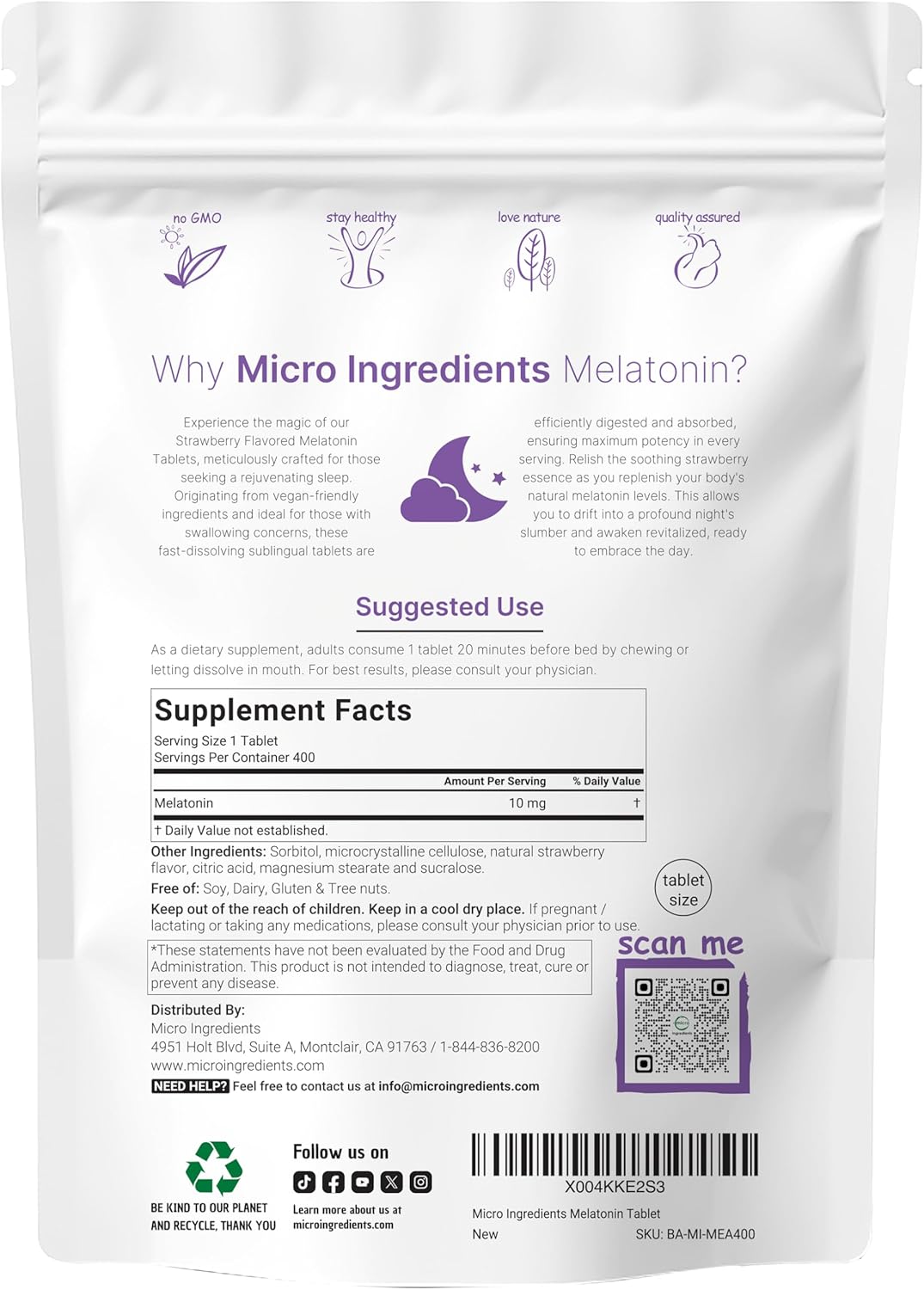MELATONINA 10 MG MICROINGREDIENTS 400 TABLETAS NO GMO