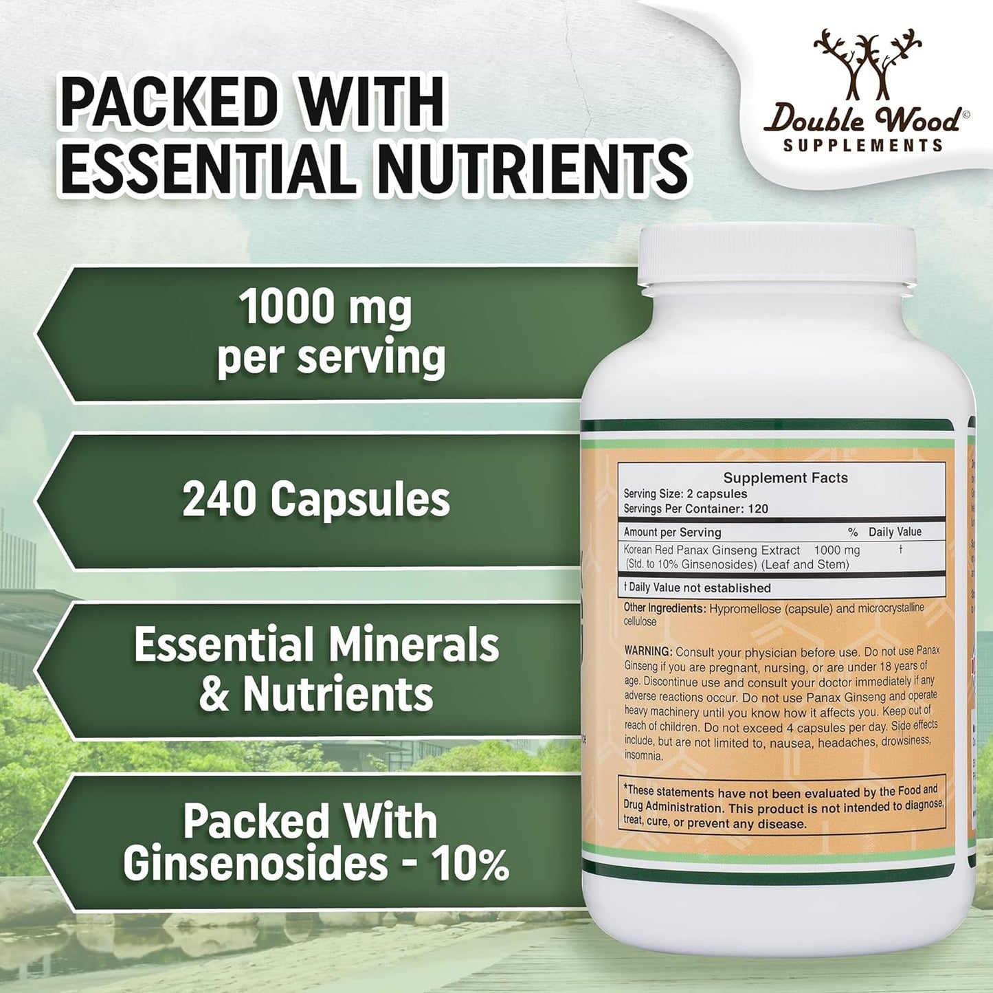 GINSENG COREANO 1000 MG 240 CAPSULAS DOUBLE WOOD  SUPPLEMENTS