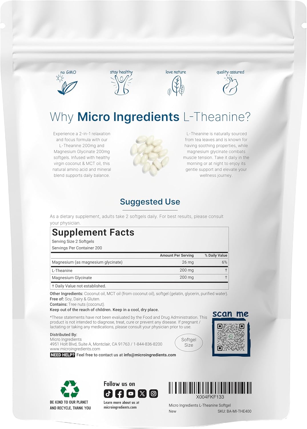 L TEANINA CON MAGNESIO GLICINATO 200 MG 400 CAPSULAS BLANDAS MICROINGREDIENTS NO GMO