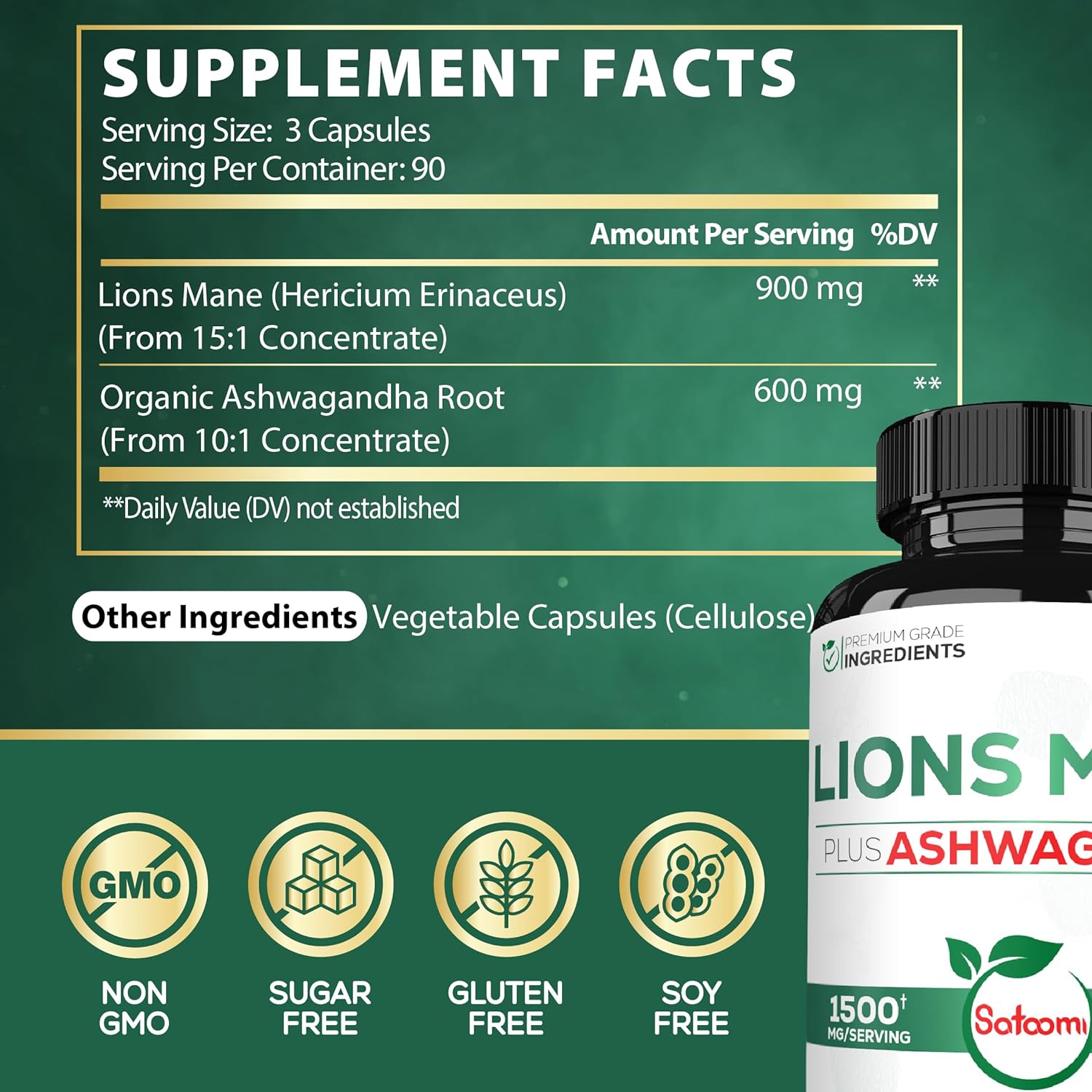 MELENA DE LEON 900 MG CON ASHWAGANDHA 600 MG 270 CAPSULAS SIN GMO SATOOMI LION'S MANE