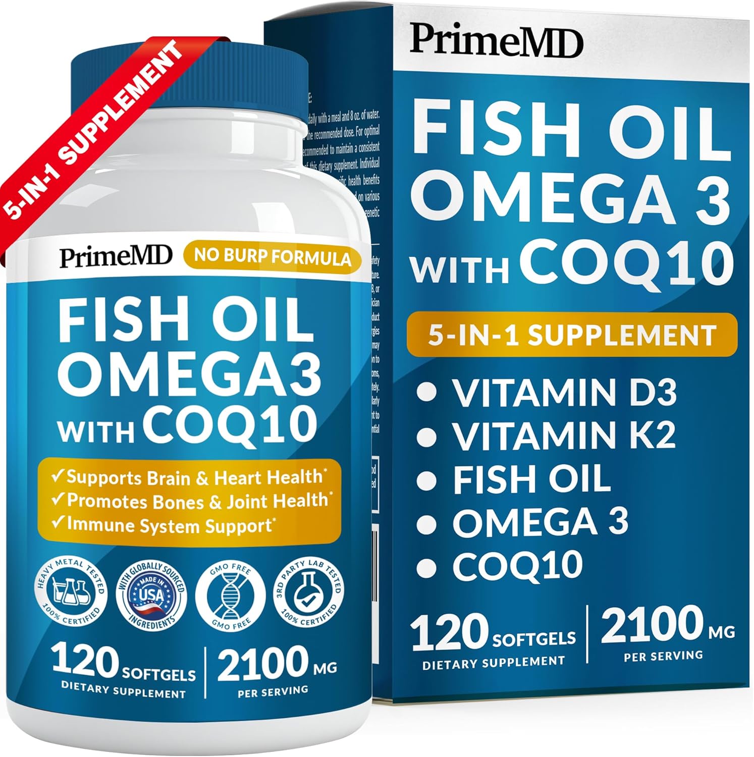 ACEITE DE PESCADO OMEGA 3 CON COQ10 2100 MG 120 CAPSULAS BLANDAS NO GMO PRIMEMD FISH OIL