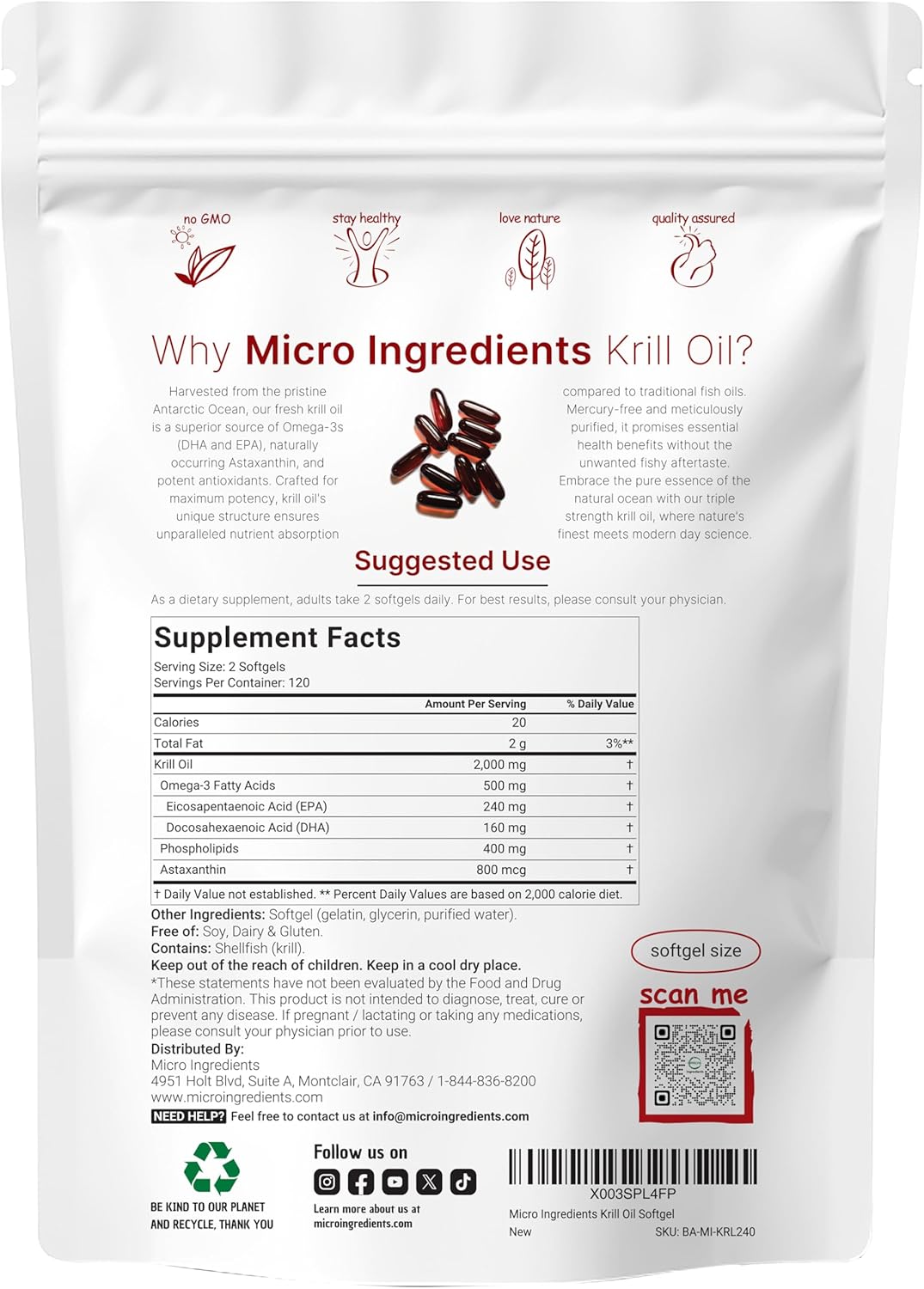 ANTARTIC KRILL OIL 2,000 MG MICROINGREDIENTS 240 CÁPSULAS BLANDAS NO GMO
