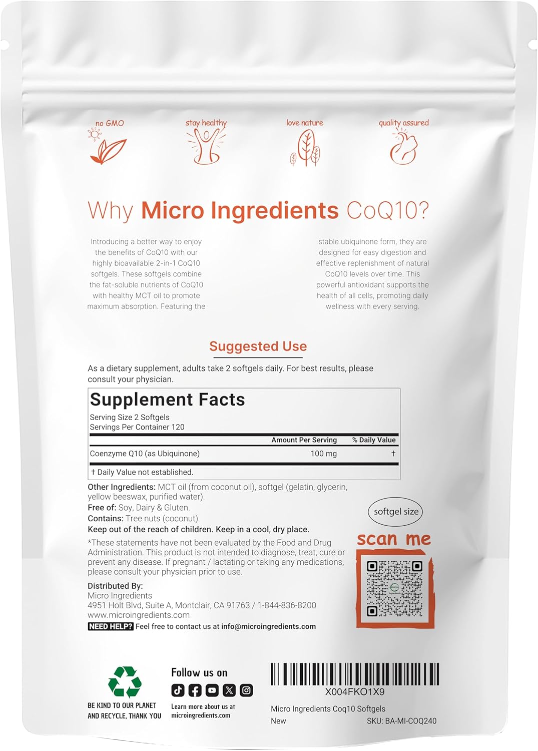COQ10 100MG 240 CAPSULAS BLANDAS  MICROINGREDIENTS NO GMO