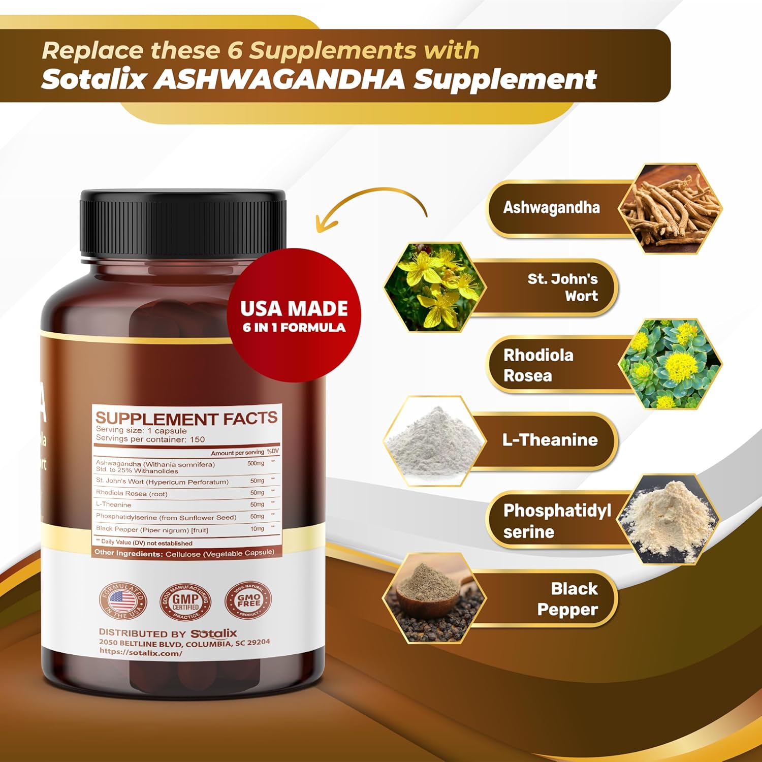 ASHWAGANDHA CON L-TEANINA, RODIOLA SOTALIX 150 CAPSULAS VEGANO NO GMO
