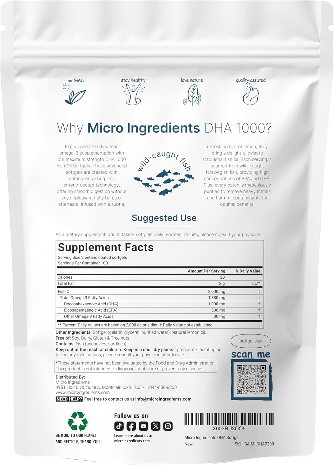 FISH OIL OMEGA 3 1580 MG CON EPA 500 MG Y DHA 1000 MG200 CAPSULAS BLANDAS MICROINGREDIENTS
