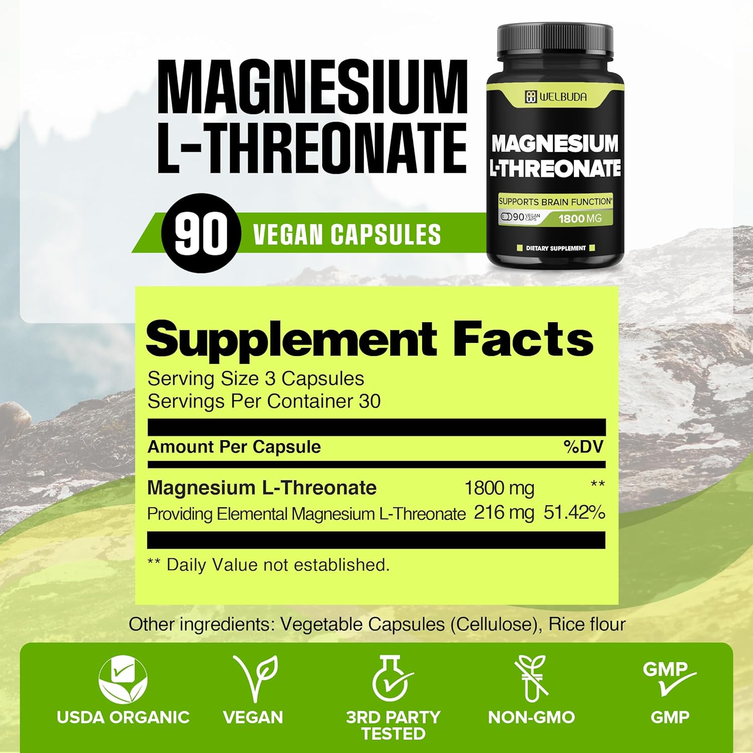 TREONATO DE MAGNESIO 1800 MG 90 CAPSULAS SIN GMO VEGANO WELBUDA