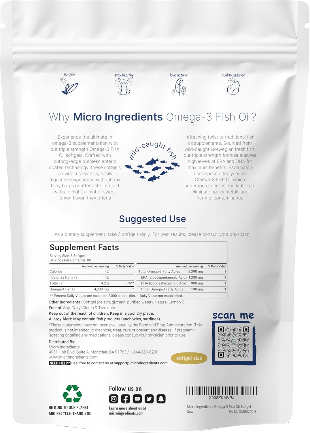 FISH OIL OMEGA 3 4,200 MG EPA 1,200 MG DHA 900 MG MICROINGREDIENTS 240 CAPSULAS BLANDAS NO GMO