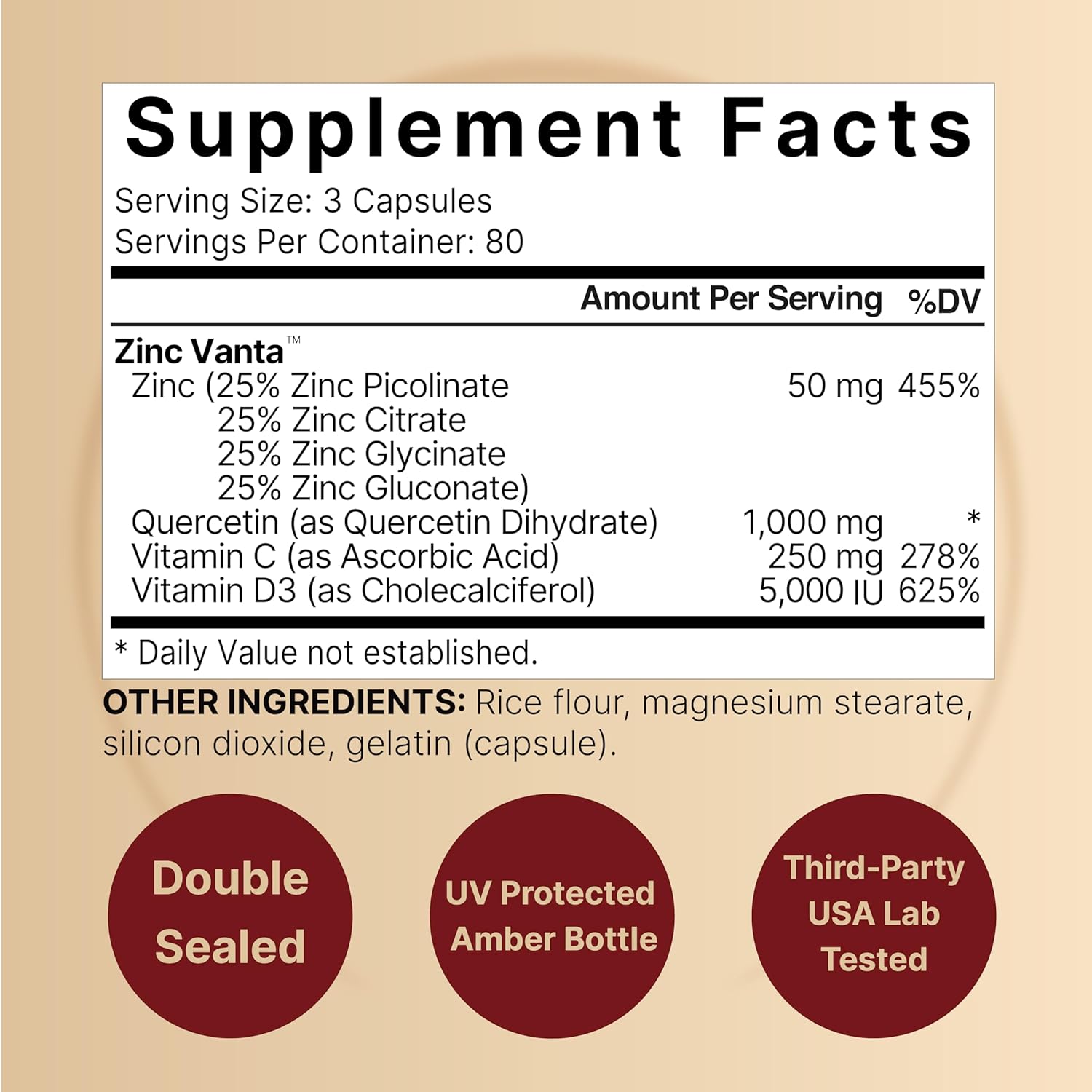 QUERCETINA 1,000 MG ZINC 4 EN 1 50 MG VITAMINA C 250 MG VITAMINA D3 (COLECALCIFEROL) 5,000 UI 240 CAPSULAS SIN GMO QUERCETIN NATUREBELL