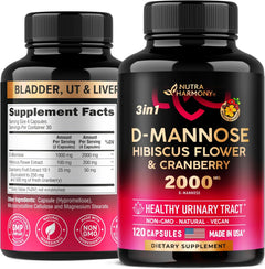 D MANNOSA 3 EN 1 CON HIBISCO Y ARÁNDANO 2000 MG 120 CAPSULAS NO GMO NUTRA HARMONY