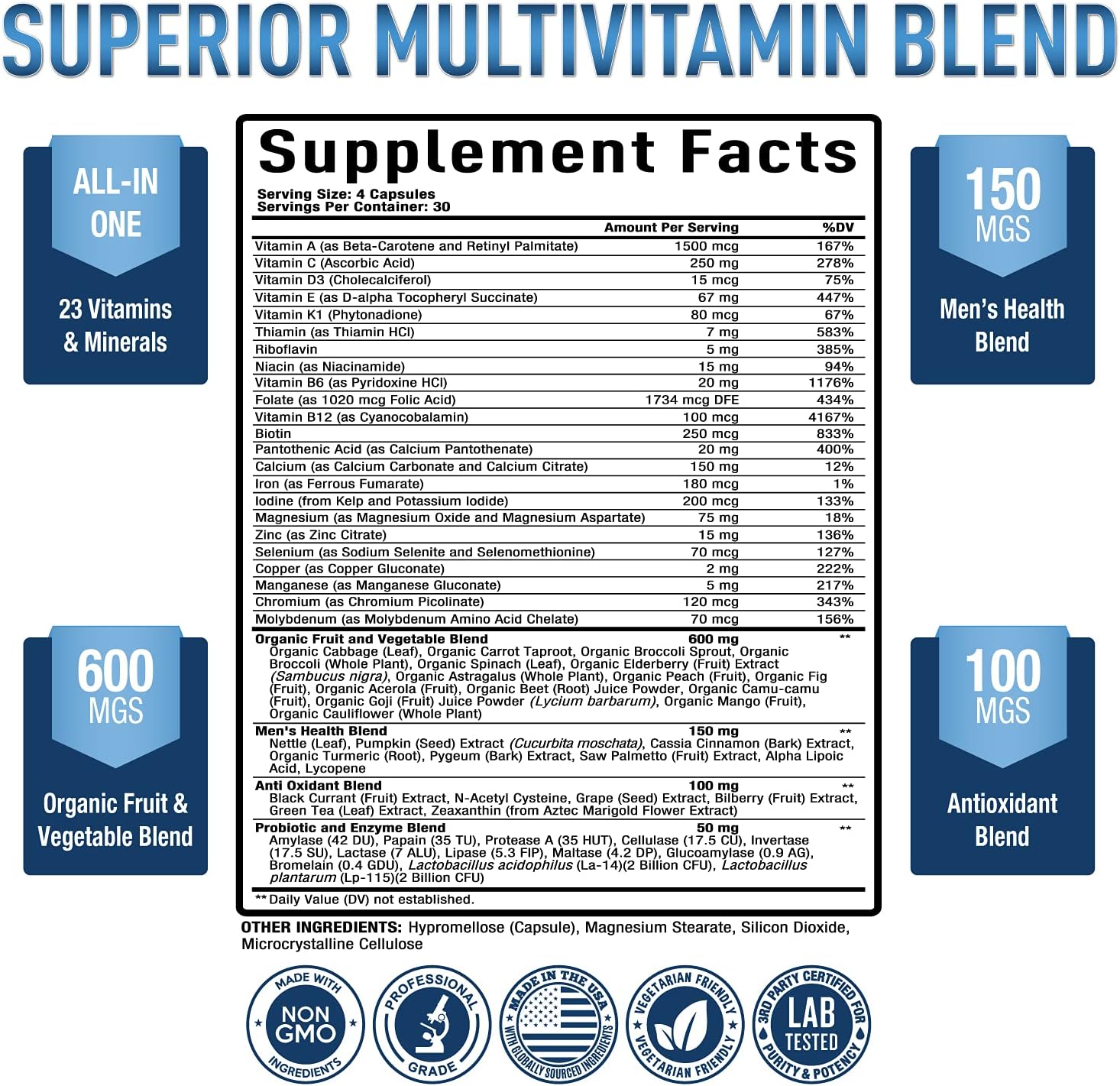 MULTIVITAMINAS PARA HOMBRES  CON PROBIÓTICOS Y ENZIMAS 4,636 MCG 120 CÁPSULAS 100% NATURAL PURELY OPTIMAL