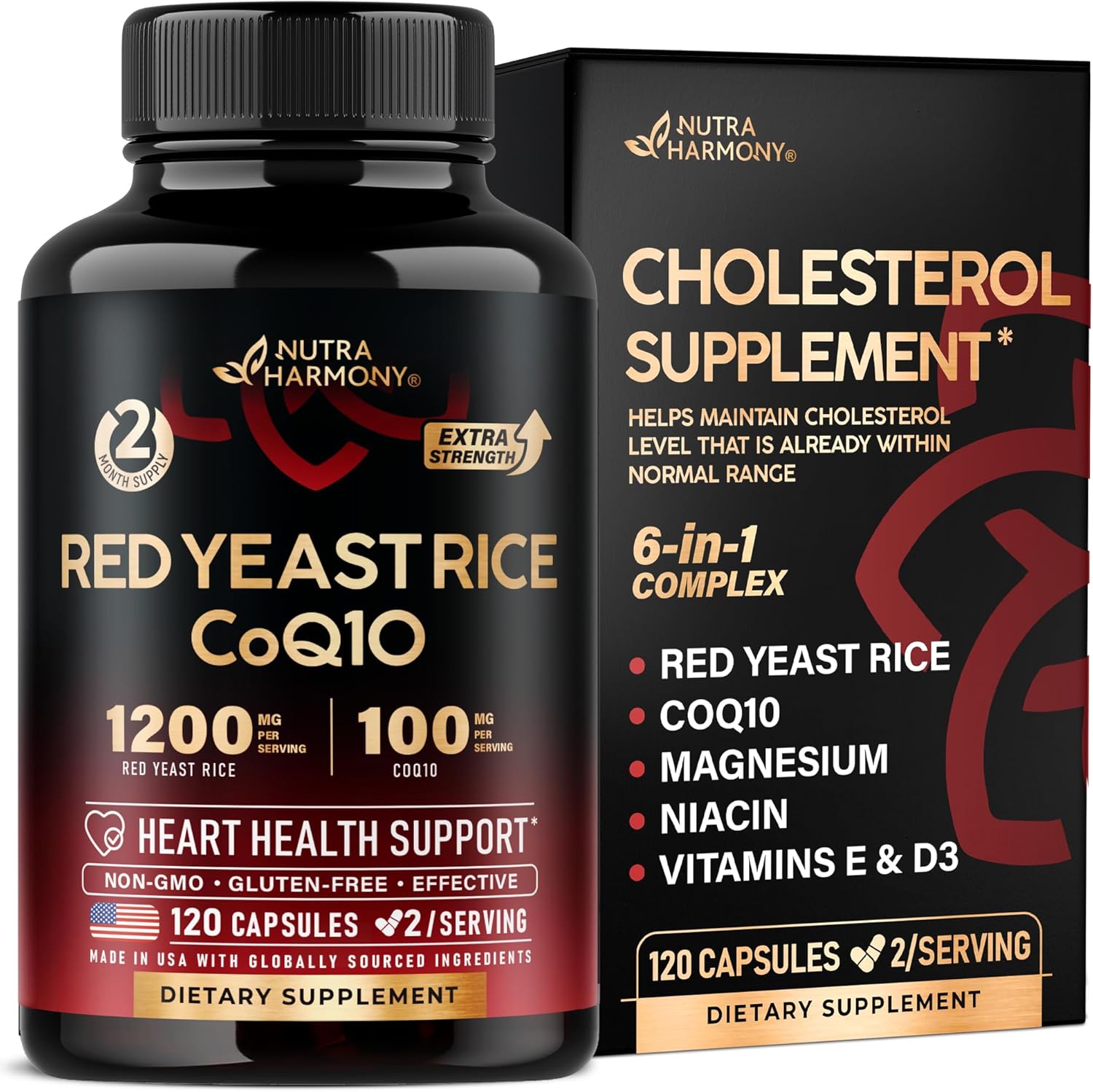 ARROZ DE LEVADURA ROJA 1200 MG CON COQ10 100 MG NUTRA HARMONY 120 CAPSULAS NO GMO