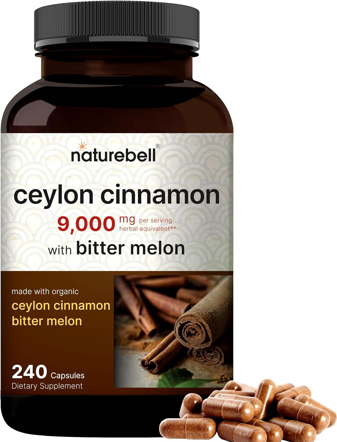 CANELA DE CEYLAN NATUREBELL 9000 MG CON MELÓN AMARGO ORGÁNICO 300 MG 240 CAPSULAS