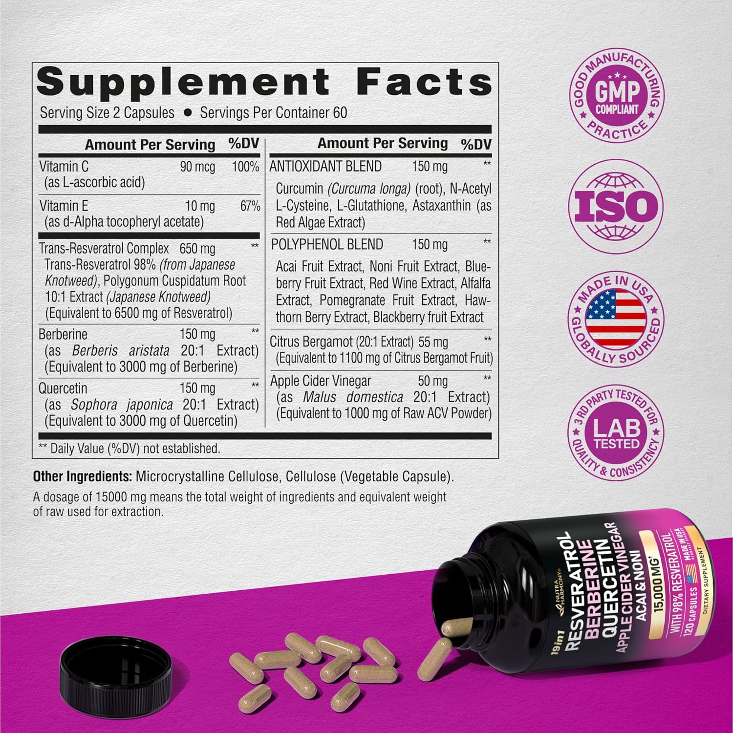 RESVERATROL COMPLEJO 1,365 MG 120 CAPSULAS NO GMO NUTRA HARMONY