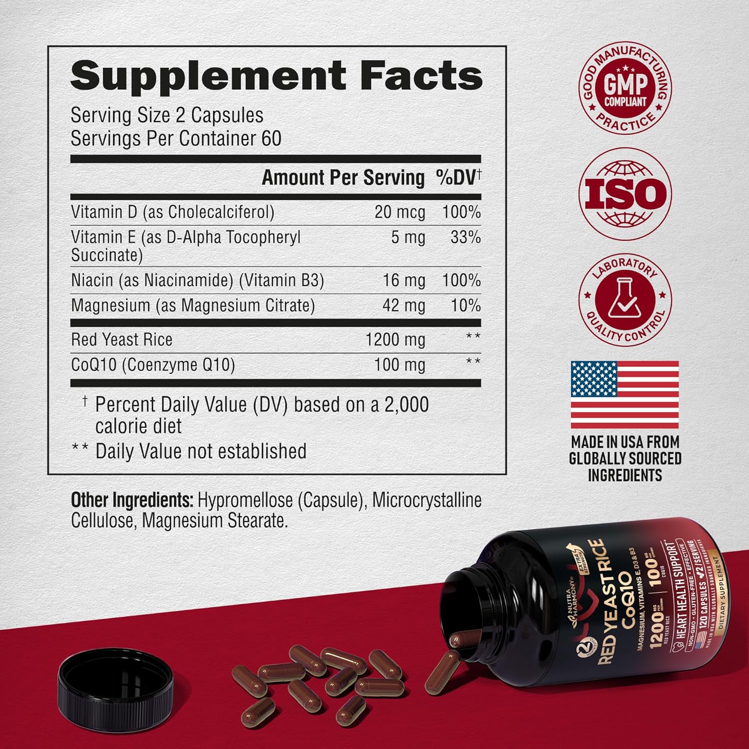 ARROZ DE LEVADURA ROJA 1200 MG CON COQ10 100 MG NUTRA HARMONY 120 CAPSULAS NO GMO