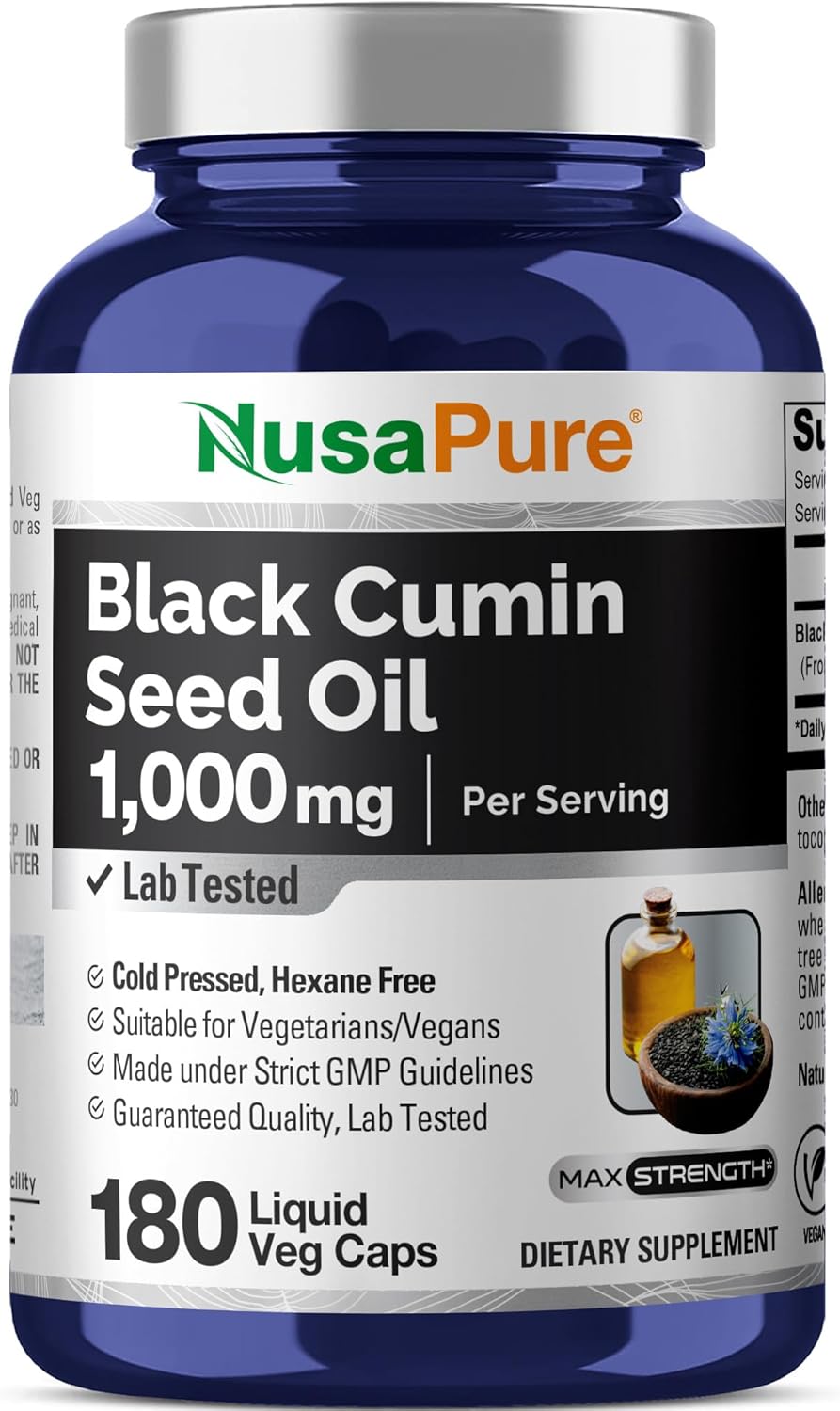 ACEITE DE COMINO NEGRO NUSAPURE 1000 MG 180 CAPSULAS SIN GMO BLACK CUMIN SEED OIL