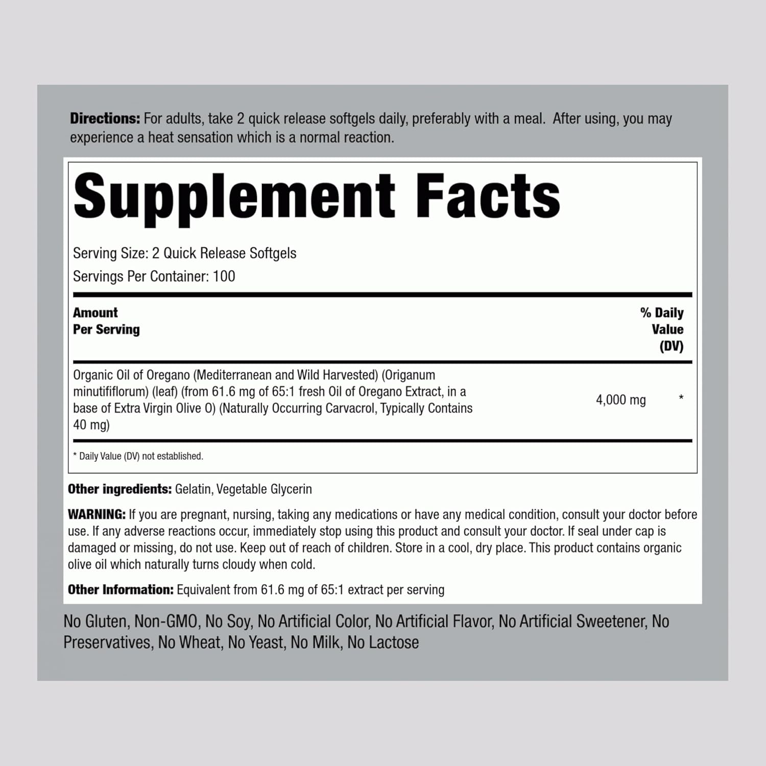 ACEITE DE OREGANO 400 MG 200 CAPSULAS BLANDAS NO GMO PIPING ROCK