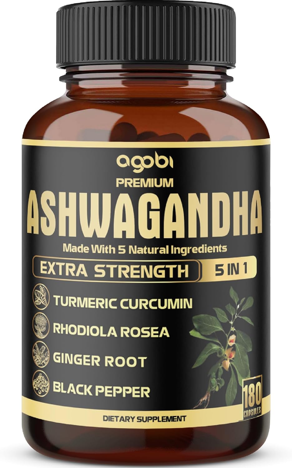 ASHWAGANDHA EXTRA FUERTE  4800 MG + RAIZ DE CURCUMA 185 MG + RAIZ DE RODIOLA 100 MG 180 CASPULAS VEGANO AGOBI