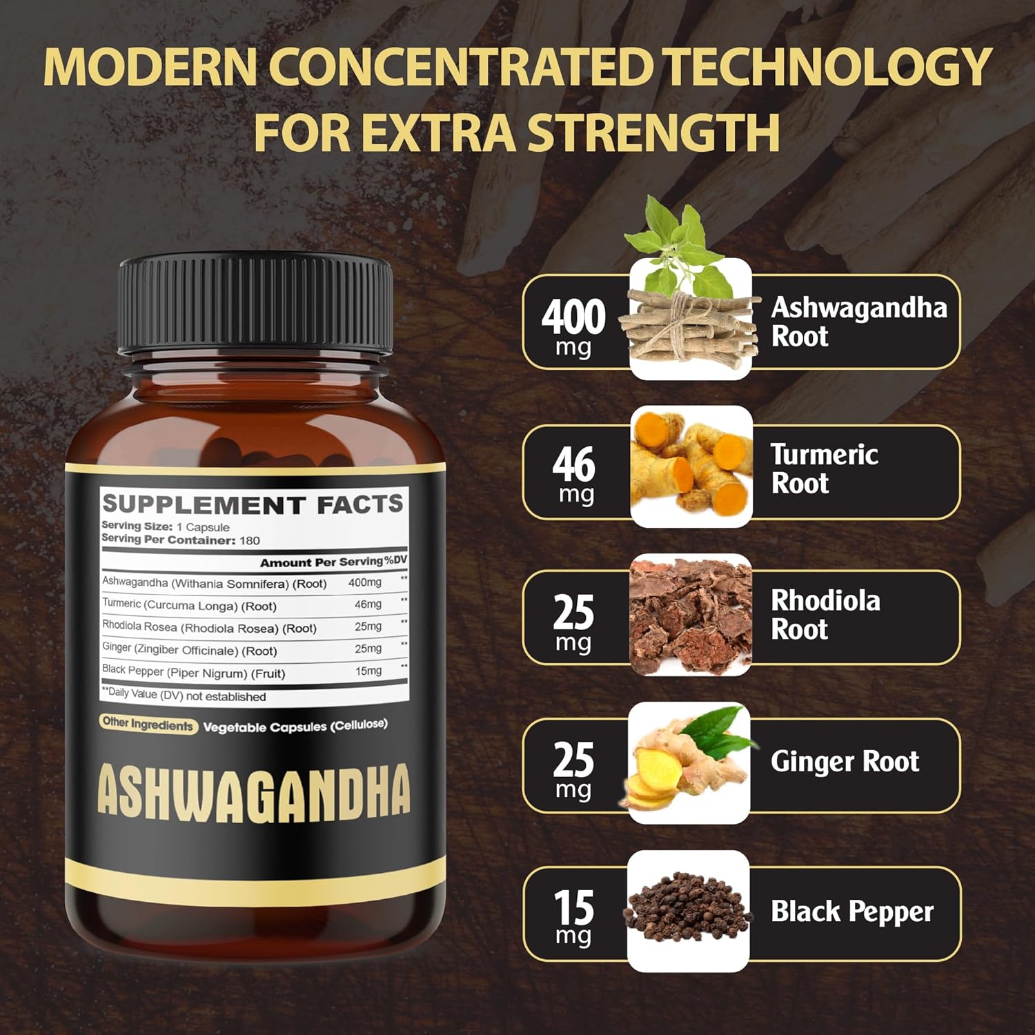 ASHWAGANDHA EXTRA FUERTE  4800 MG + RAIZ DE CURCUMA 185 MG + RAIZ DE RODIOLA 100 MG 180 CASPULAS VEGANO AGOBI