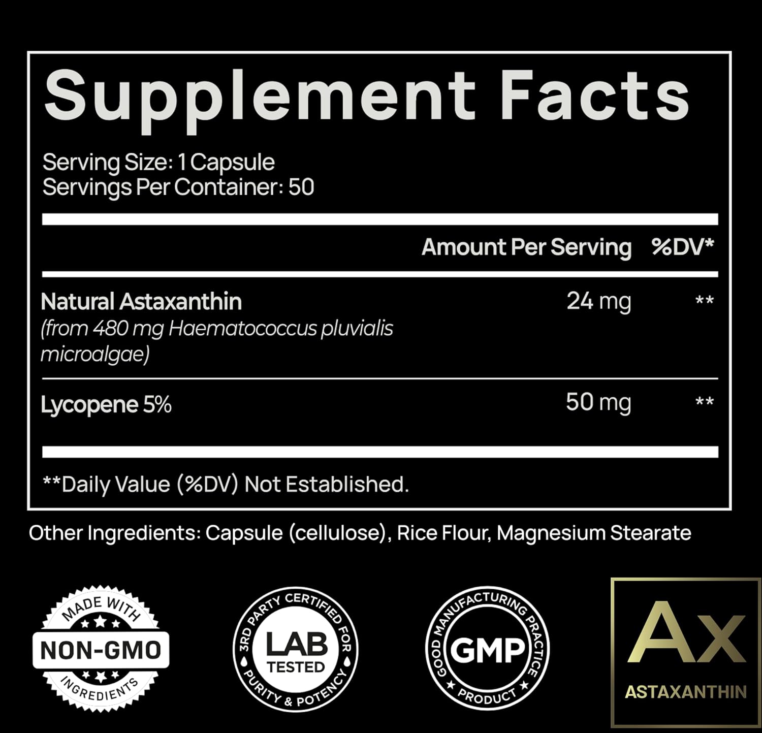 ASTAXANTINA + LICOPENO 24 MG 50 CAPSULAS NO GMO ELMNT