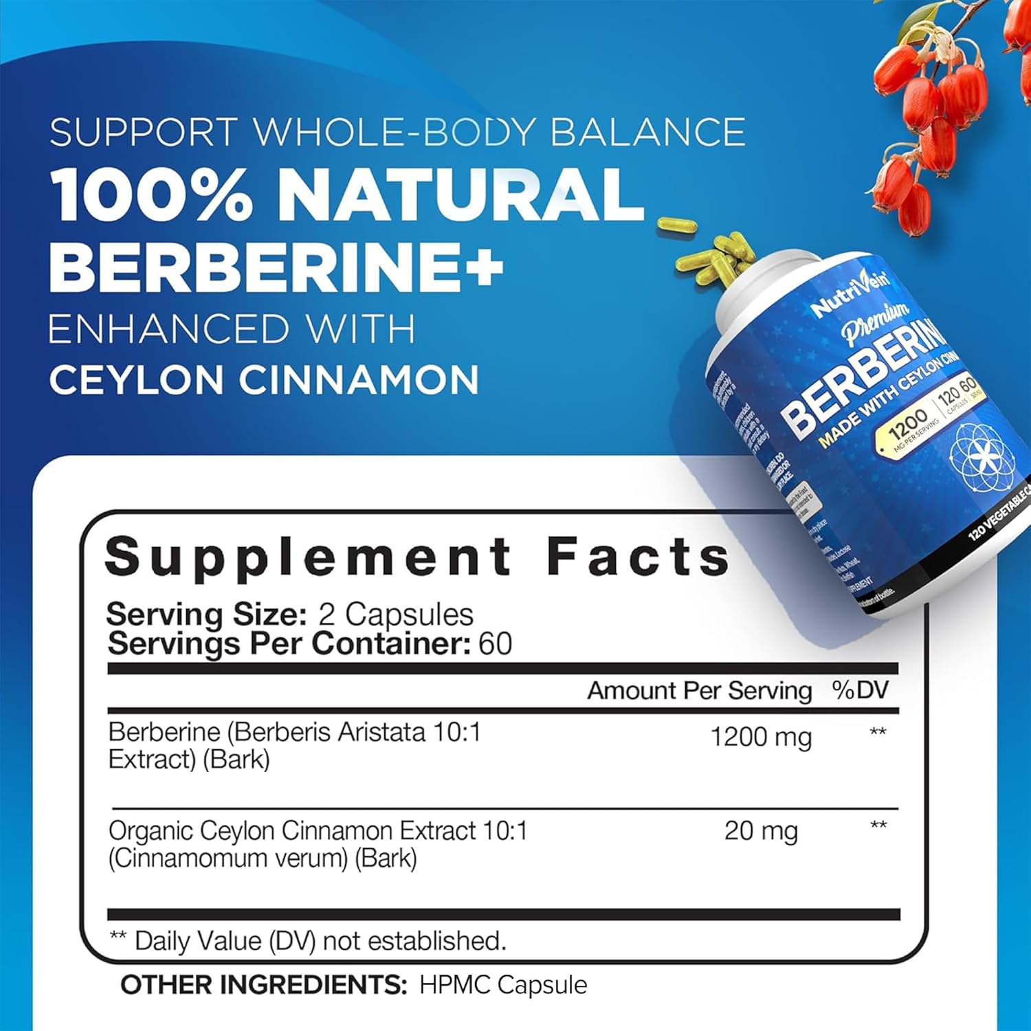 BERBERINA 1200 MG CON CANELA DE CEYLAN  200 MG 120 CAPSULAS VEGANO NUTRIVEIN