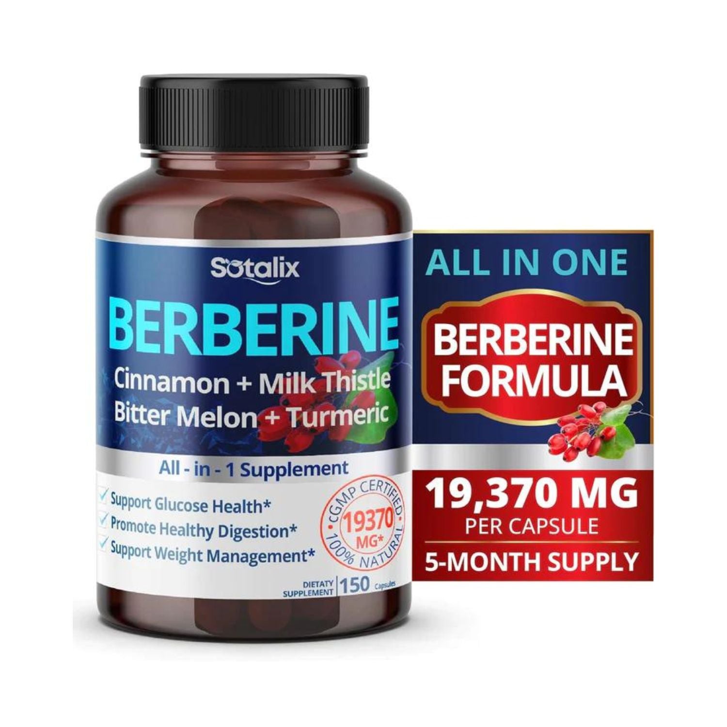 BERBERINA COMPLEX  9 EN 1 ASHWAGANDHA 20 MG CON MILK THISTLE 3000 MG 150 CAPSULAS SIN GMO SOTALIX