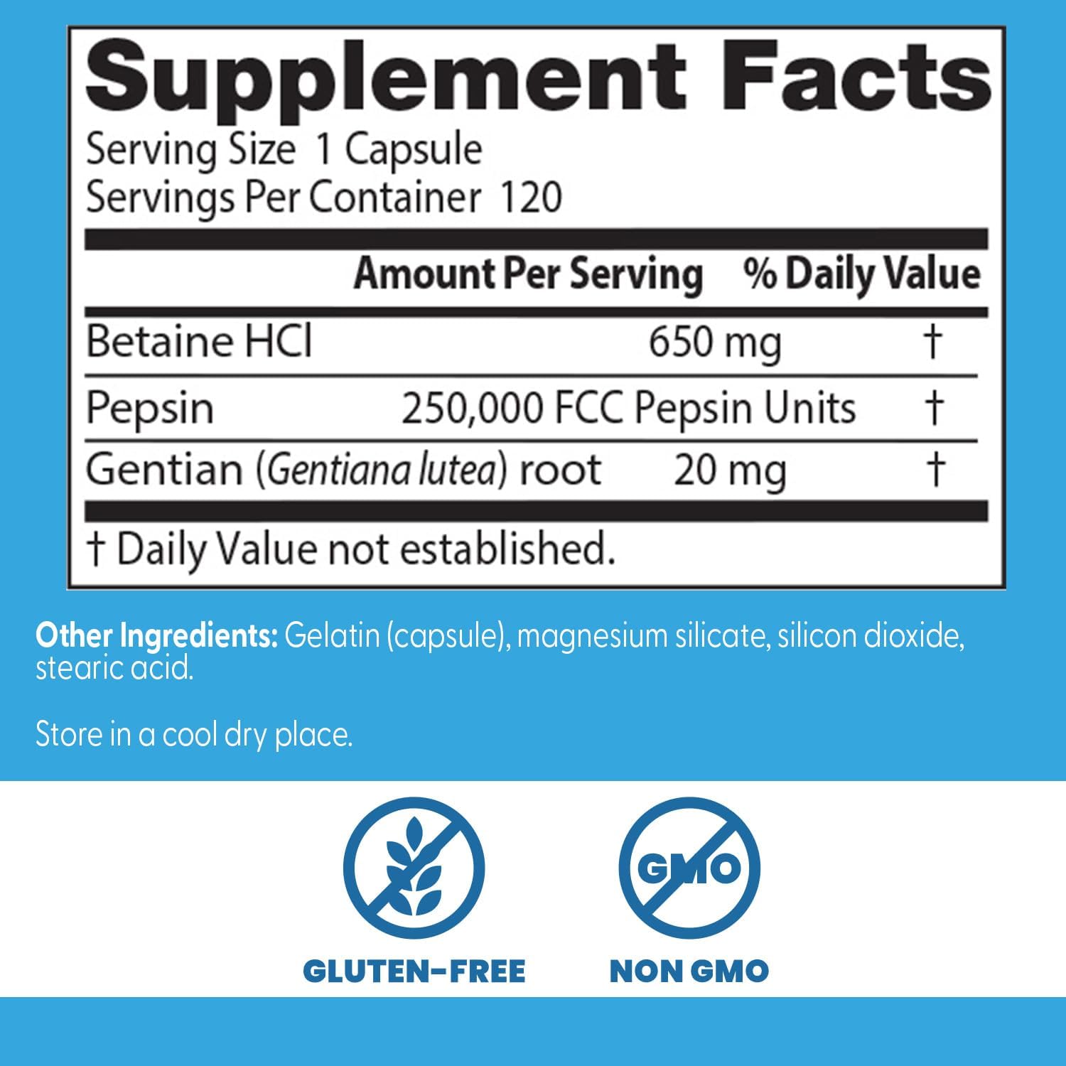 BETAINA HCI 650 MG CON PEPSINA 250000 FCC Y GENCIANA 20 MG 120 CASPULAS SIN GMO DOCTOR´S BEST