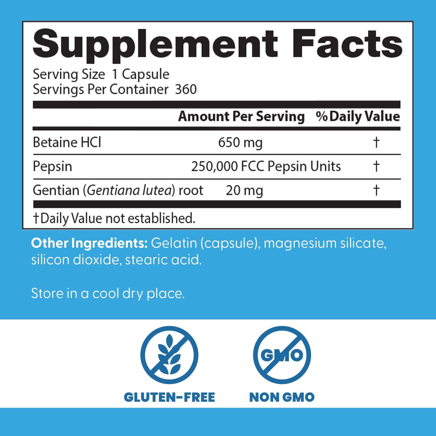 BETAINA HCI 650 MG CON PEPSINA 250000 FCC Y GENCIANA 20 MG 360 CASPULAS SIN GMO DOCTOR´S BEST