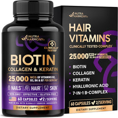 BIOTINA COLAGENO Y KERATINA  25000 MCG 60 CAPSULAS SIN GMO VEGANO NUTRA HARMONY