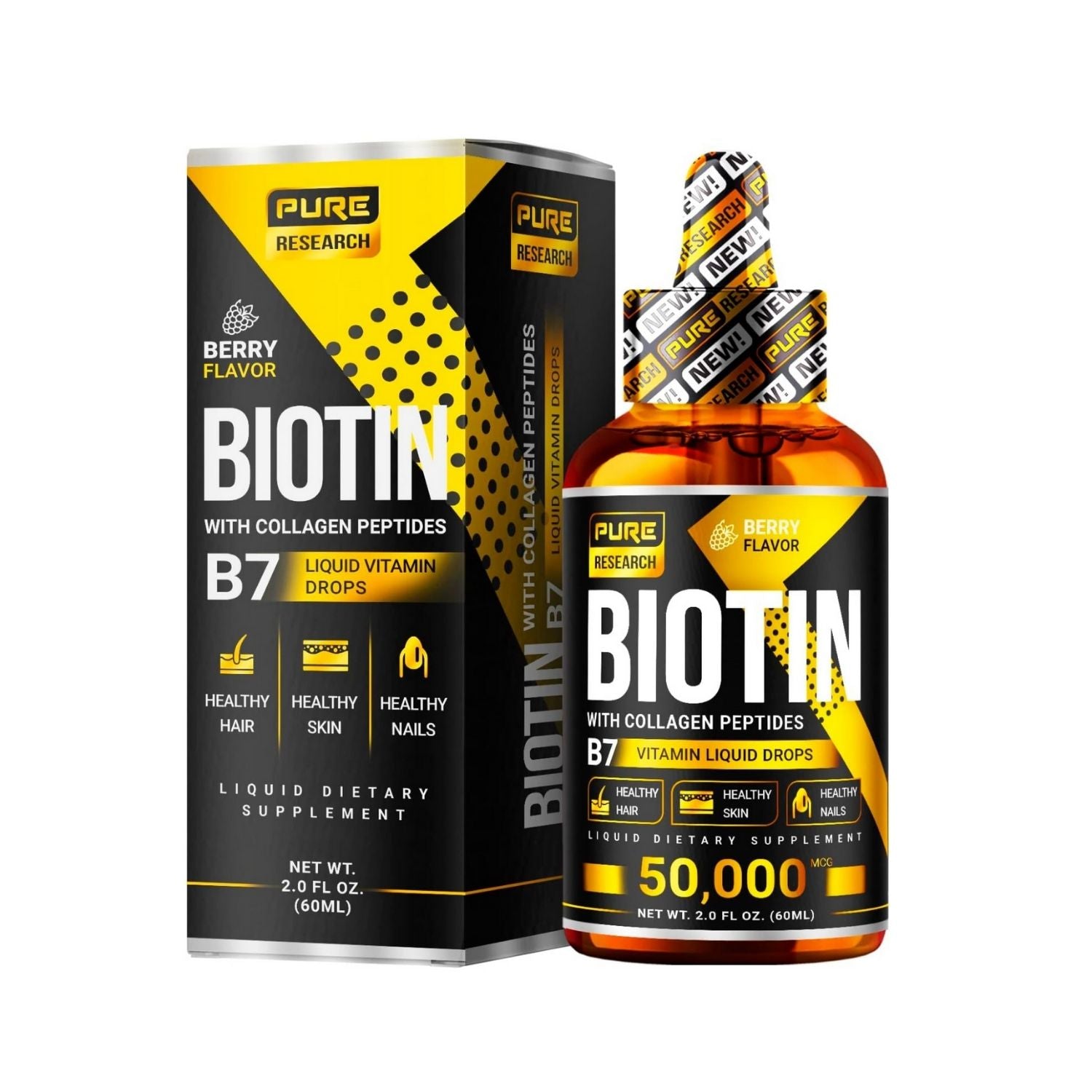 BIOTINA 20000 MCG Y PEPTIDOS DE COLAGENO 30000 MCG 60 ML PURE RESEARCH