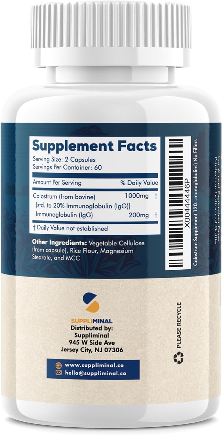 CALOSTRO ALIMENTADO CON PASTO 1000 MG 20% IGG 120 CÁPSULAS SUPPLIMINAL GRASS FED