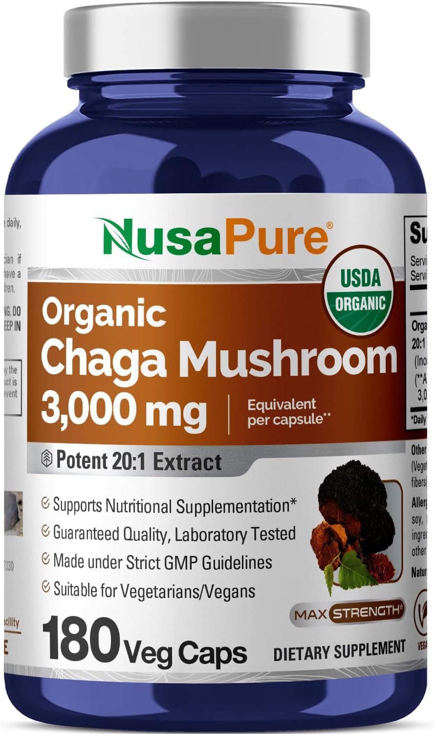 HONGO CHAGA NUSAPURE 3000 MG 180 CAPSULAS NO GMO VEGANO CHAGA MUSHROOM