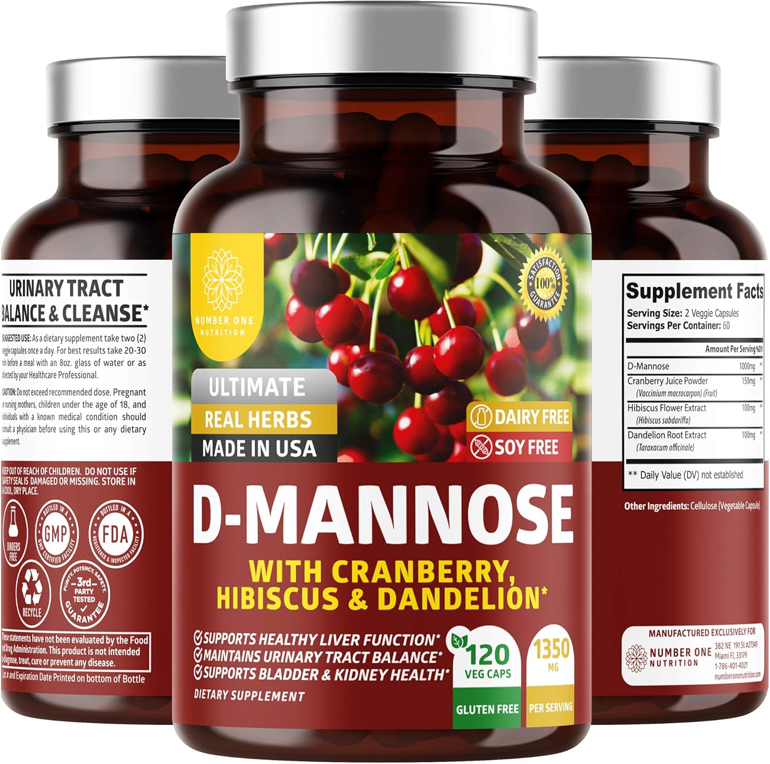 D MANOSA CON ARÁNDANO ROJO Y DIENTE DE LEON 1,350 MG 120 CAPSULAS VEGETALES NUMBER ONE D MANNOSE WITH CRANBERRY AND DANDELION