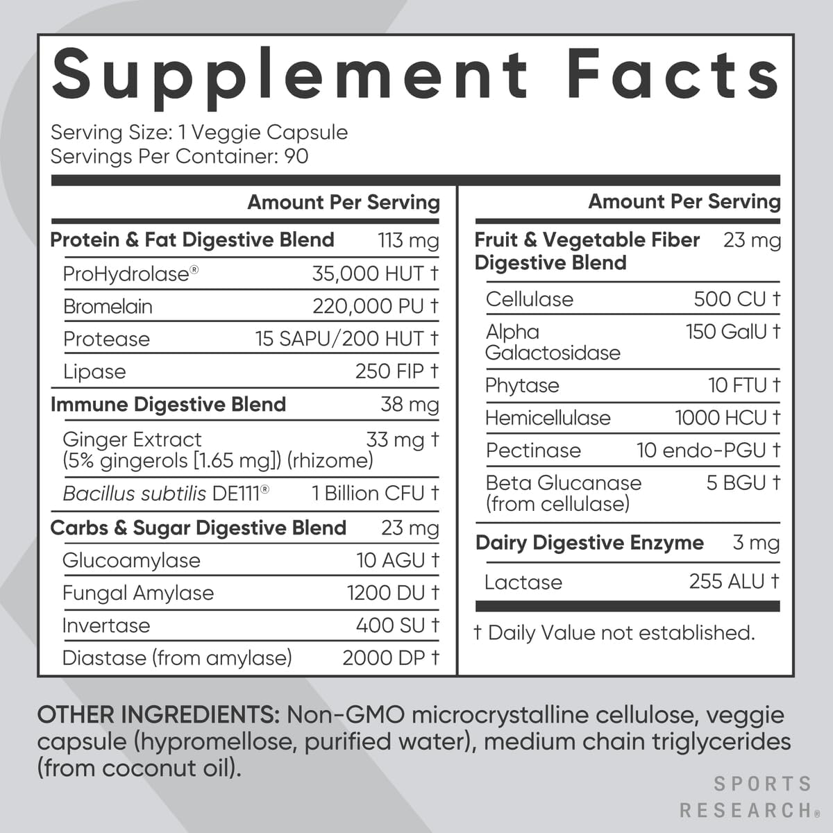 ENZIMAS DIGESTIVAS 15 TIPOS DE ENZYMAS 90 CAPSULAS SPORTS RESEARCH