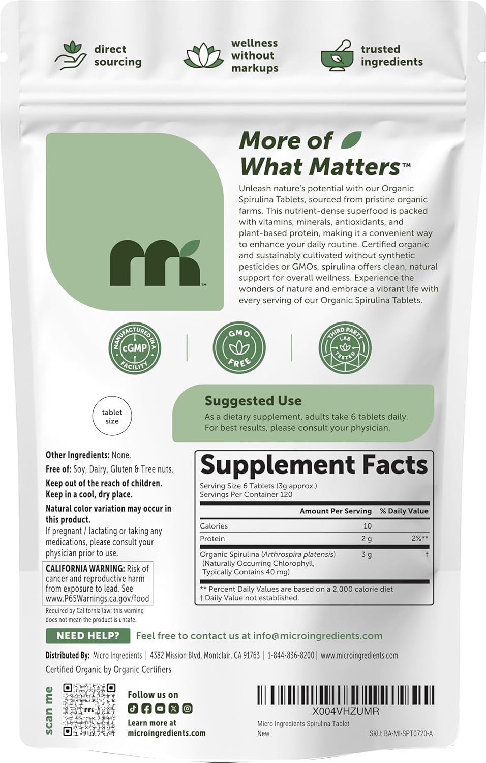 ESPIRULINA ALGAS ORGANICAS MICROINGREDIENTS 3000 MG 720 TABLETAS